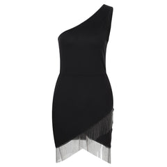 Elegant One-Shoulder Black Mini Dress with Fringe Details