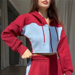 Women's Denim Patchwork Hooded Top and Pants Casual Set