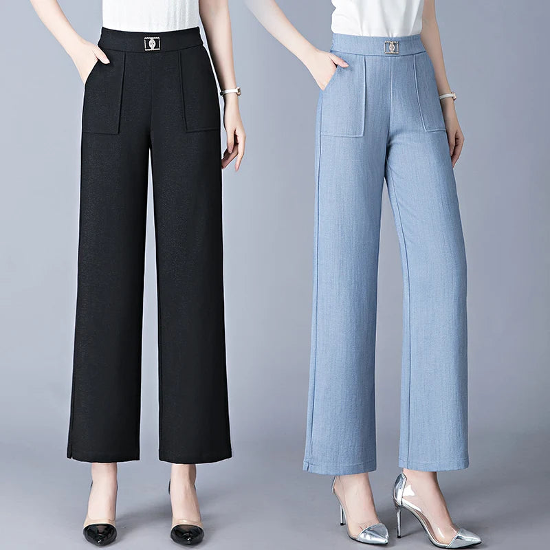 Korean Spring Simple Fashion Elastic High Waist Wide Leg Pants