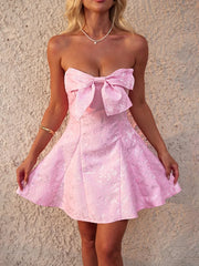 Sweet Pink A-line Bowknot Floral Mini Party Dress for Women