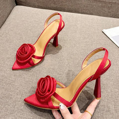 Women's Red Silk Rose Flowers Pointed Open Toe Back Strap Sandals