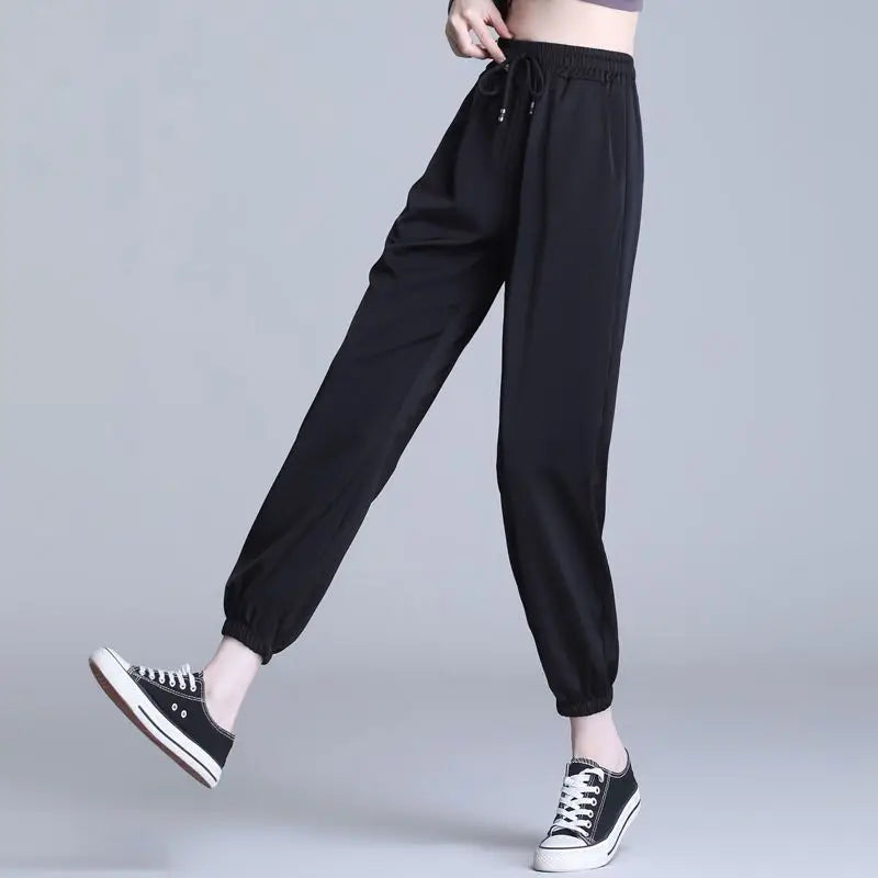 Ice Silk Satin Loose Sports Pants for Women with Pockets and Drawstring