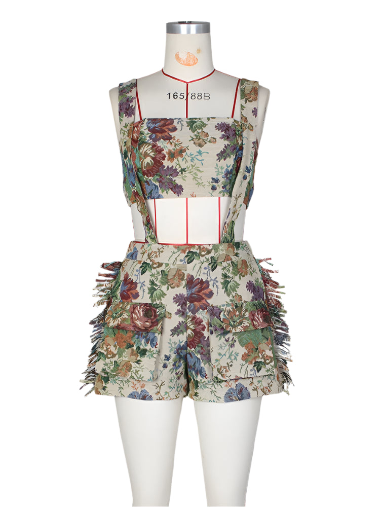 Ensemble deux pièces à imprimé floral vintage avec haut tube et short à pompons