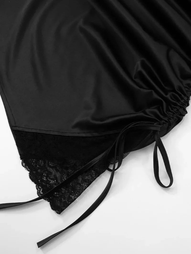 V-neck Black Lace Patchwork Spaghetti Strap Mini Dress