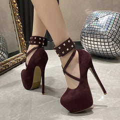 Solid Black Round Toe Metal Rivet Ankle Strap High Heels for Women