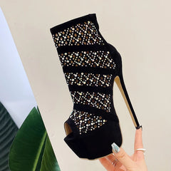 Women's Rhinestone Mesh Peep Toe Ankle Boots with High Heels