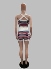 Colorful Striped Knit 2 Piece Set for Women with Crop Top and Shorts