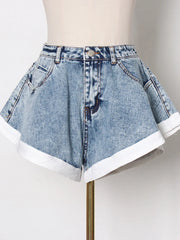 High Waist Solid Patchwork Denim Shorts with Pockets for Women