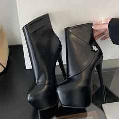 Bottines à plateforme noires à bout rond et talons hauts de 16 cm pour femmes 