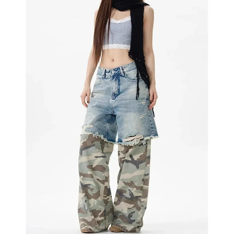 Women's Camouflage Denim Jeans – Baggy Streetwear, High-Waisted, Wide-Leg Style