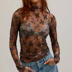 Women's Long Sleeve Mock Neck Sheer Floral Lace Mesh Top