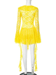 Women's V-Neck Lace Ruffled Short Dress with Flare Sleeves