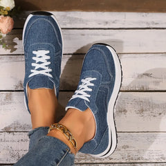 Women's Blue Denim Platform Sneakers with Thick Sole and Lace Up Style