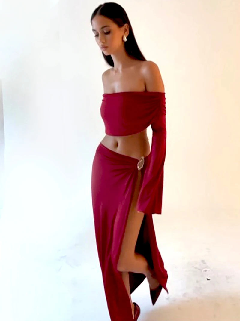 Off-Shoulder Long Sleeve Crop Top and Maxi Skirt Set