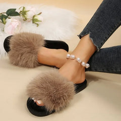 Women's Fluffy Plush Fur Slippers for Outdoor Use, Anti-Slip Design