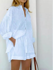 Women's Striped Bubble Sleeve Shirt Jacquard Casual Shorts Set