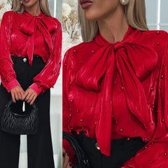 Women's Elegant Long Sleeve Tie Neck Blouse with Beaded Detail