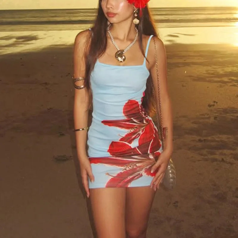 Stunning Blue Mini Dress with Red Floral Print for Beach or Party