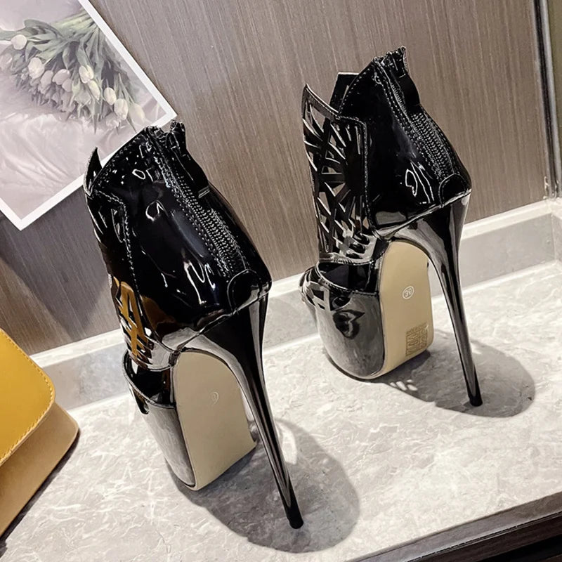 Bottes à plateforme à talons hauts et bout ouvert pour femmes noires avec fermeture éclair 