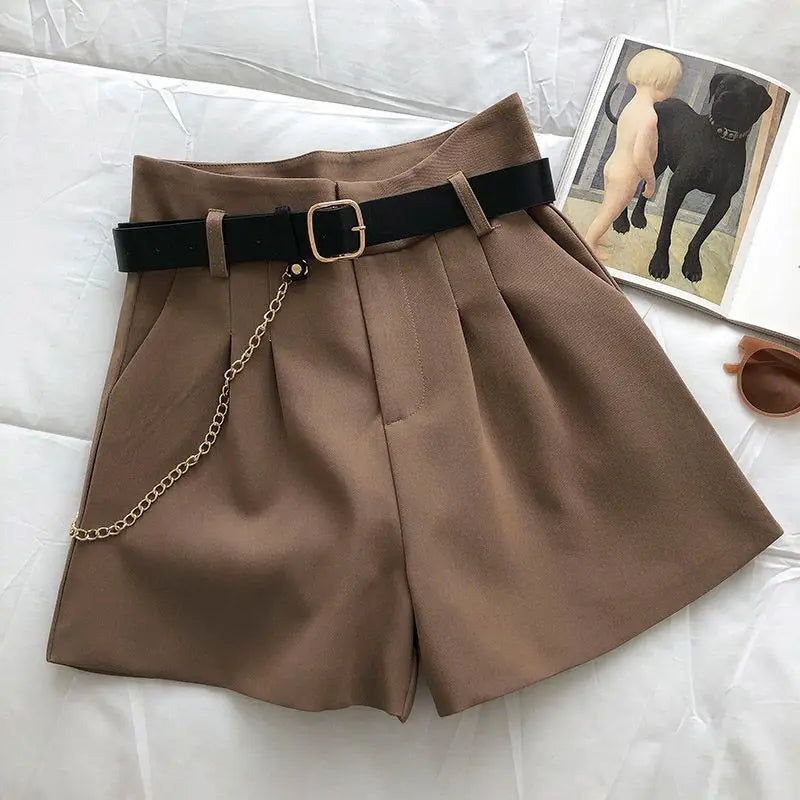 Women's Casual Elegant Woolen Shorts with Belt in Autumn Style