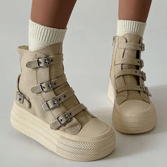 Women's High-Top Platform Canvas Boots – Buckle & Zipper Casual Sneakers