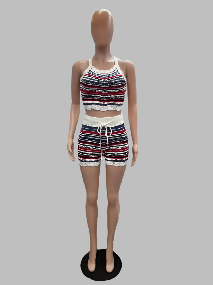 Colorful Striped Knit 2 Piece Set for Women with Crop Top and Shorts