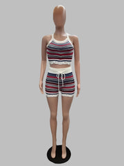 Colorful Striped Knit 2 Piece Set for Women with Crop Top and Shorts