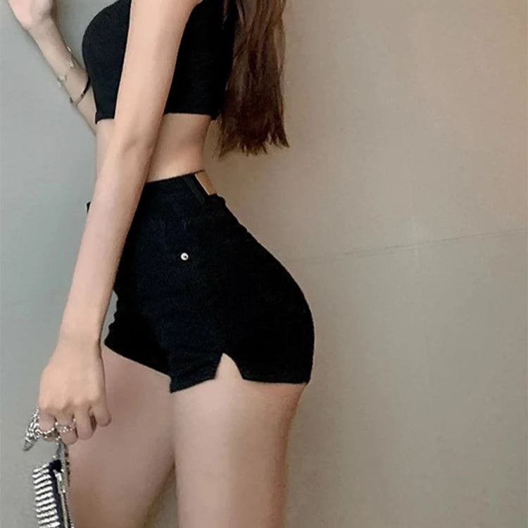 Women's Black High Waist Denim Mini Shorts for Streetwear Fashion