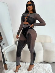 Women's See-Through Hollow Jumpsuit with Full Sleeves