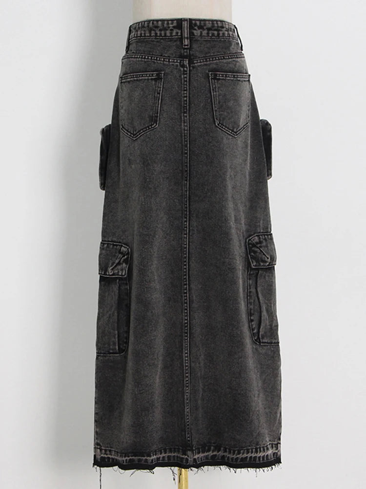 Women's High Waist Denim Patchwork Split Skirt with Pockets