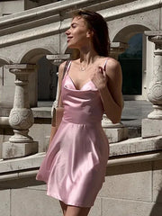 Elegant Spaghetti Strap Satin Dress in Pink and Blue for Parties