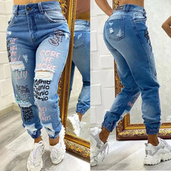 Stylish Plus Size Monogrammed Slashed Chino Jeans for Women