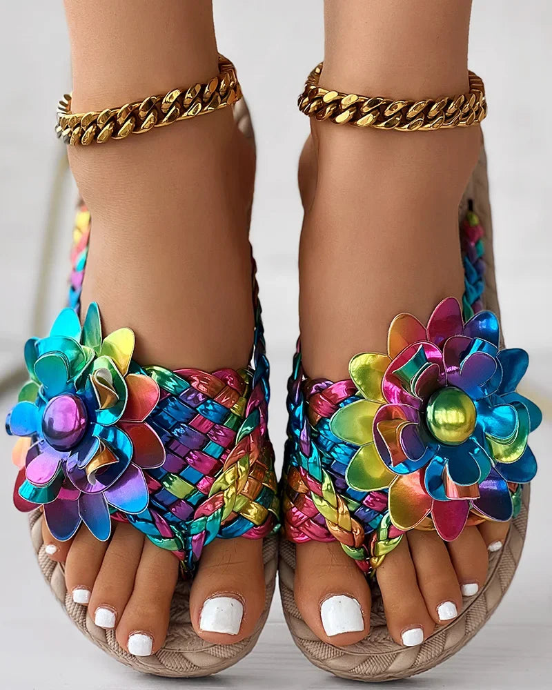 Women's Holographic Floral Braided Flat Beach Flip Flops