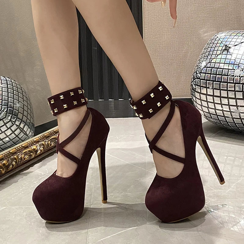 Solid Black Round Toe Metal Rivet Ankle Strap High Heels for Women