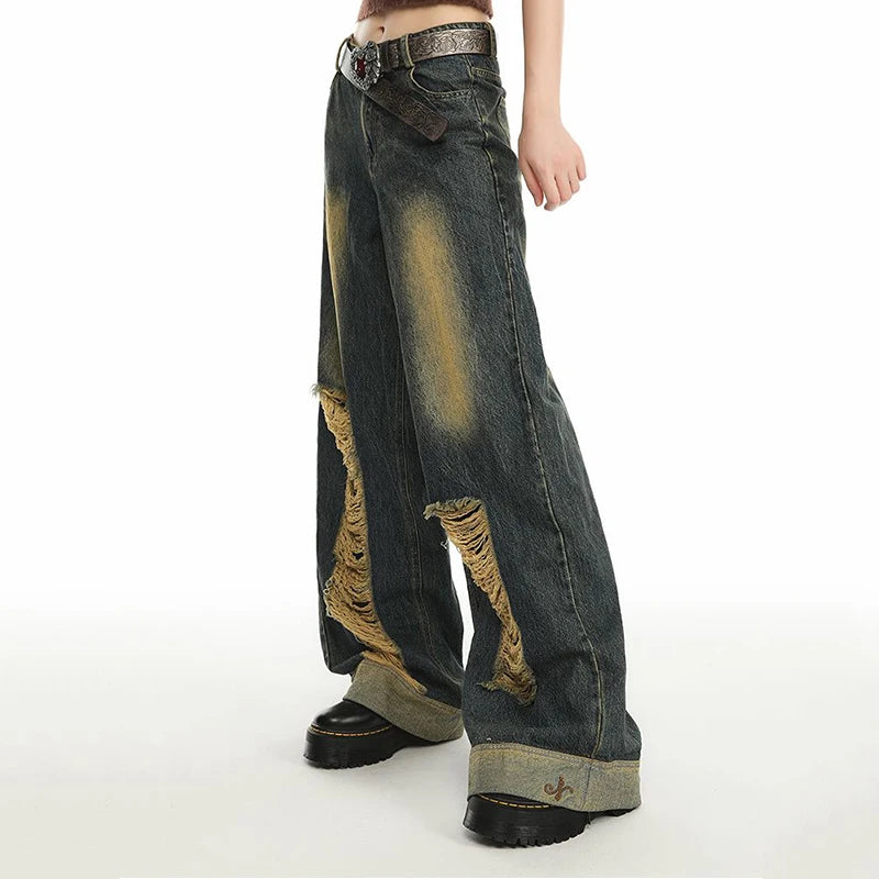 Women's Distressed Ripped Baggy Jeans – Stone-Washed Wide-Leg Denim