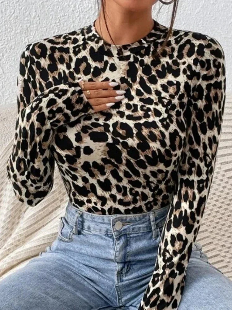 Women's Leopard Print Long Sleeve Bodysuit with Stand Collar