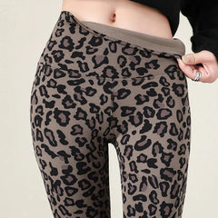 Leggings taille haute en velours chaud motif léopard et peau de requin pour femme