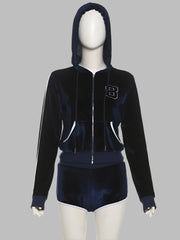 Women's Velvet Patchwork Embroidery Hoodie and Shorts Set