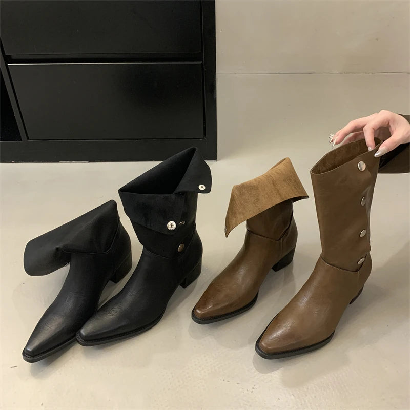 Pointed Toe Women Ankle Boots with Buckle Strap and Low Heels