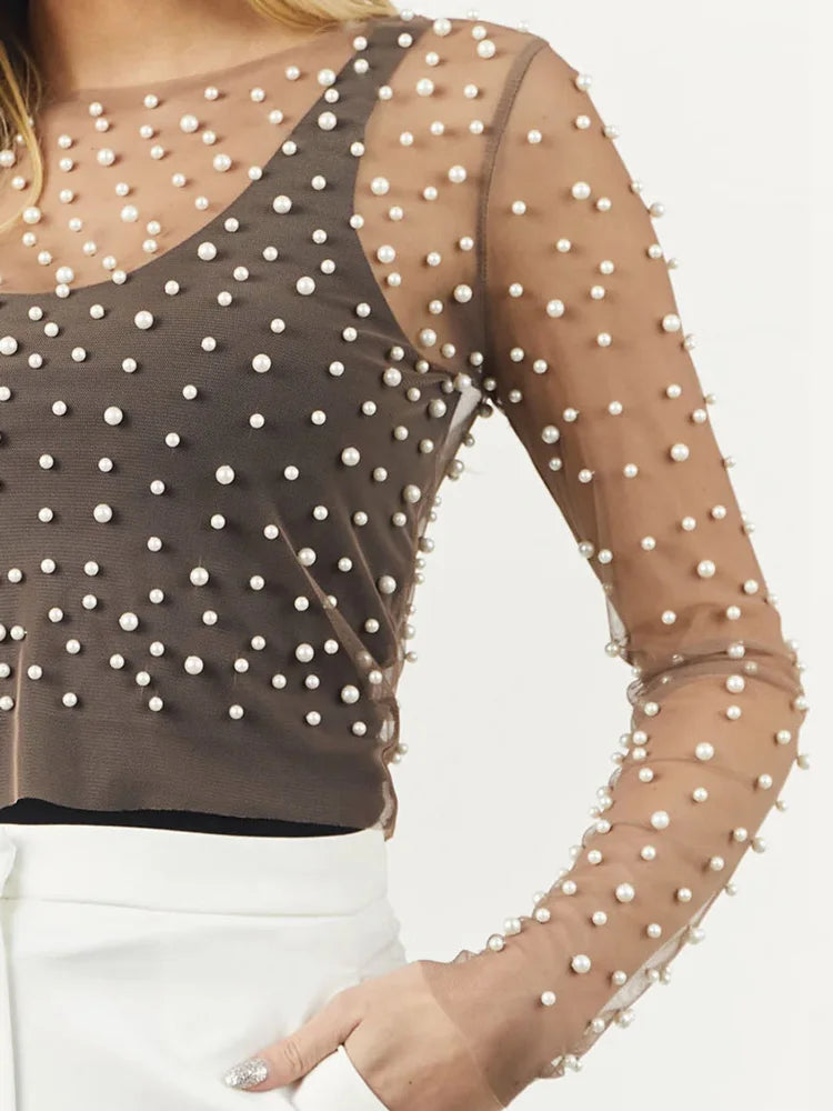 Elegant Sheer Lace Mesh Crop Top with Pearls for Women