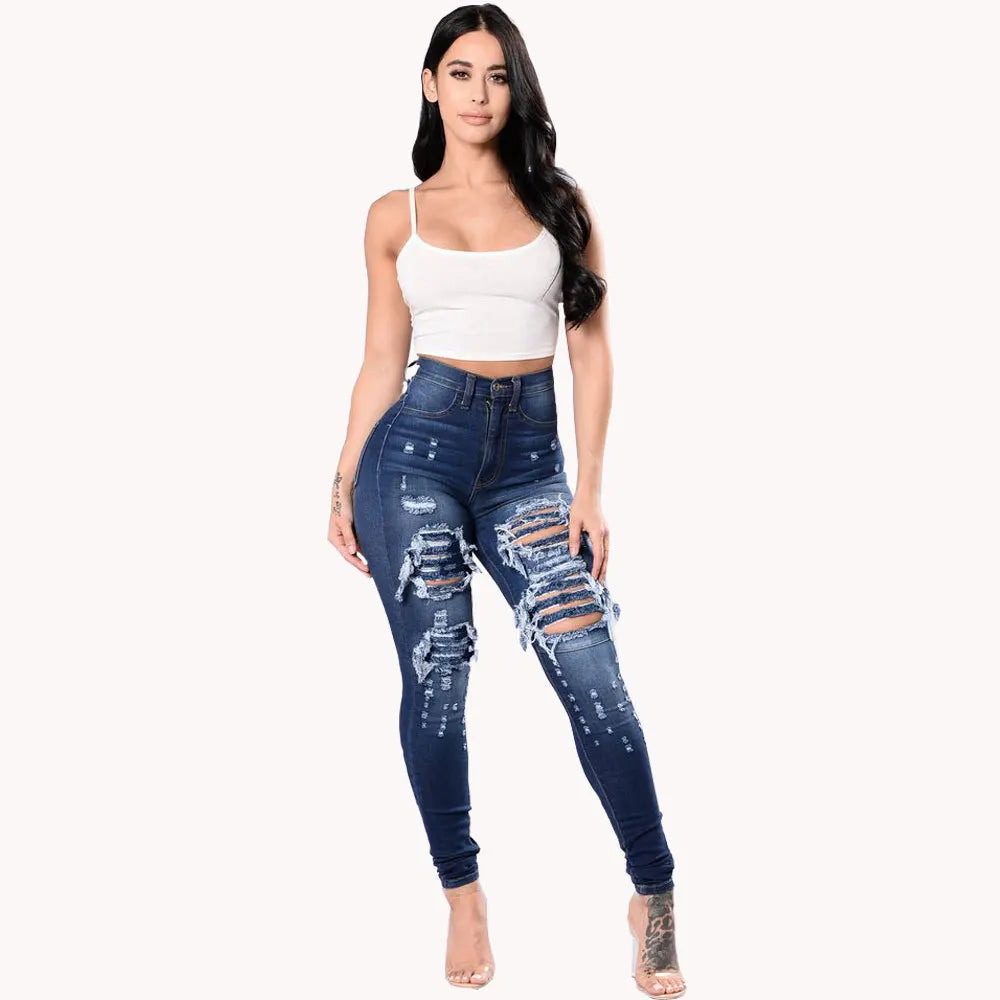 Women's High Waist Ripped Stretch Skinny Denim Jeans Casual Pants