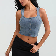 Women's Blue Sleeveless Square Neck Denim Tank Top for Summer Clubwear