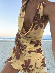 Halter Neck Ruched Beach Holiday Dress with Lace-up Backless Design