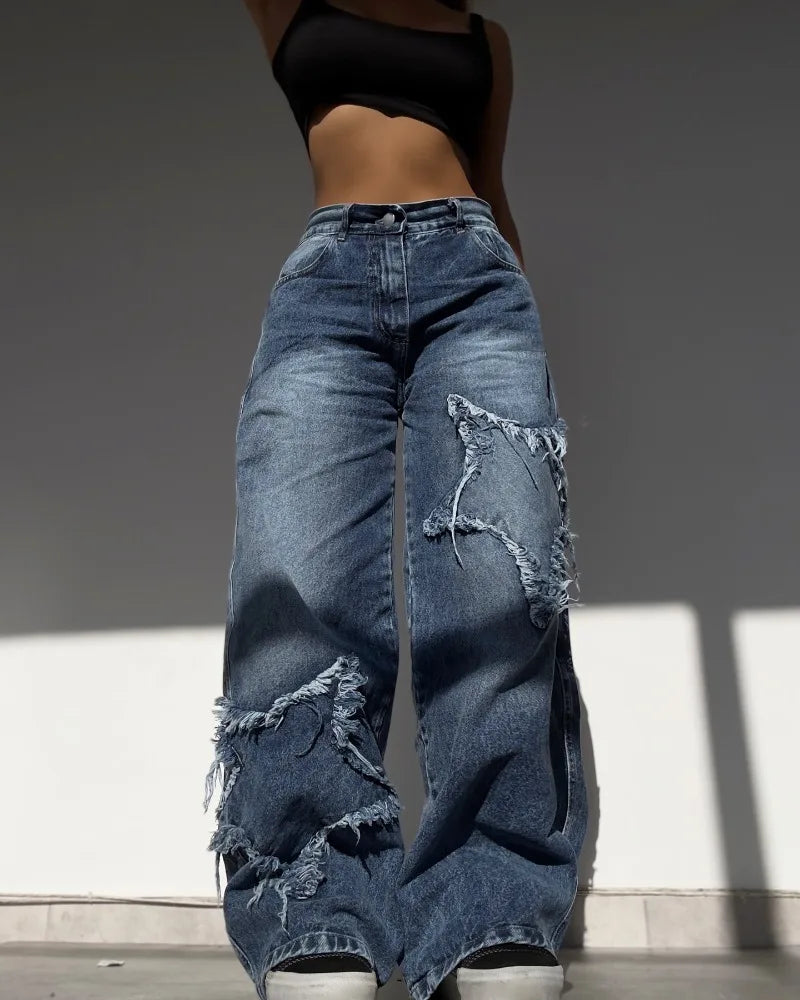 Women's High Waist Baggy Jeans with Star Embroidery in Baggy Style