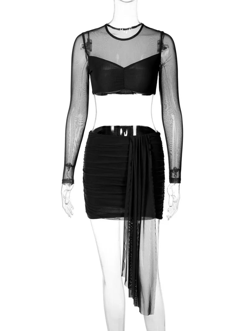 Women's Mesh Patchwork Cropped Top and Bandage Skirt Set