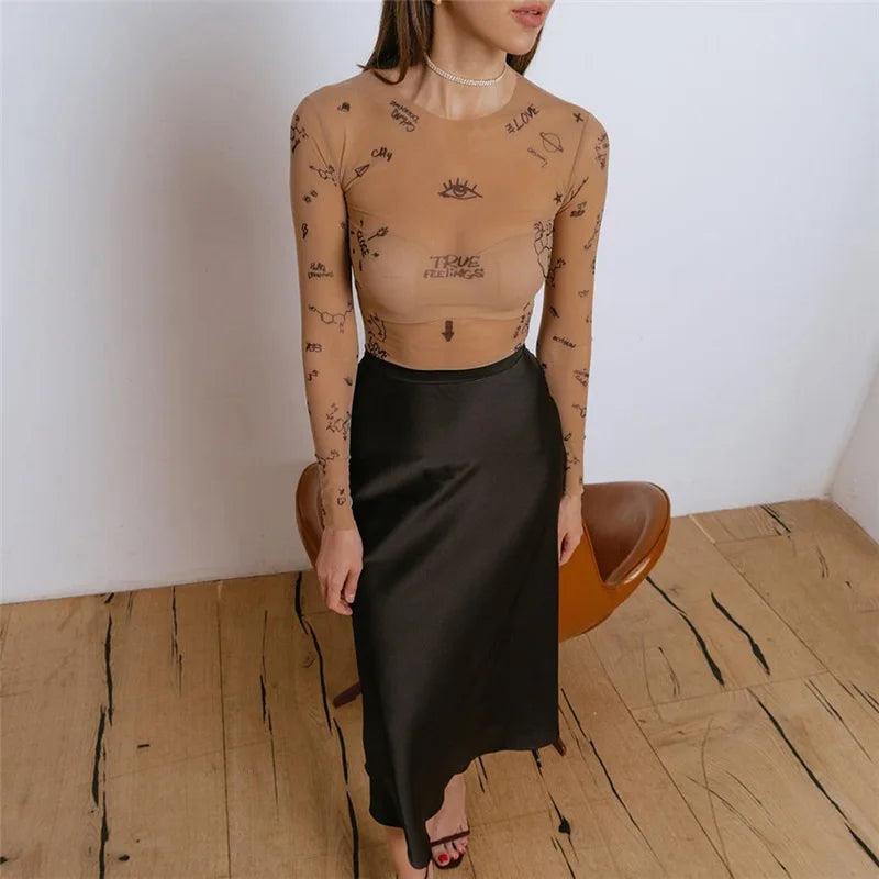 Body en maille à imprimé tatouage nude pour femme – Haut transparent