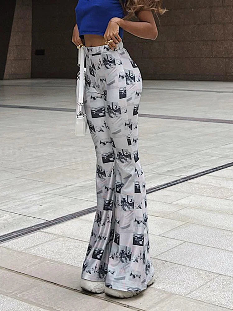 Y2K Casual Print Slim Flare Pants for Women Streetwear Trousers