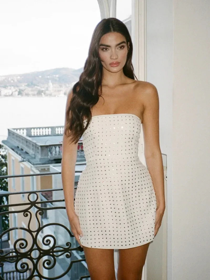 Women's White Strapless A-line Beaded Backless Party Dress