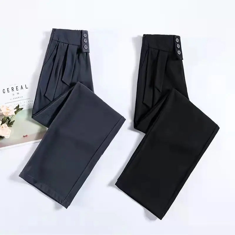 Office Lady Solid Color Loose High Waist Wide Leg Trousers