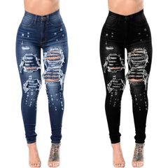 Pantalon décontracté en jean skinny extensible déchiré taille haute pour femme 